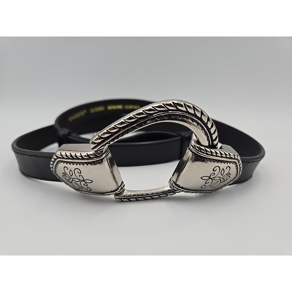 Chico's Black Leather Belt Silver Tone Buckle Adjustable Hook 1131052 Sz S/M